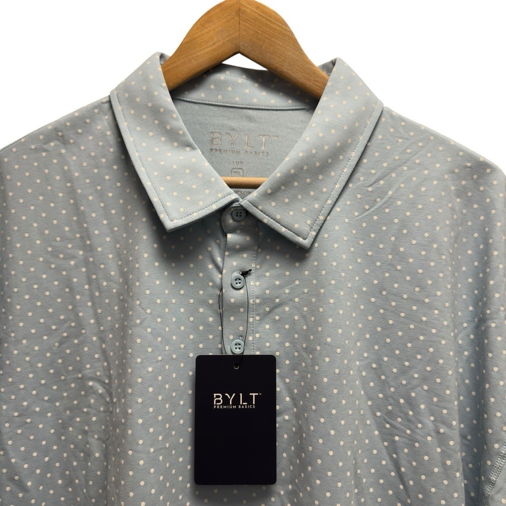 BYLT New Mens 3XL Drop Cut Lux Polka Dot Mist Blue & Bone Performance Polo Shirt